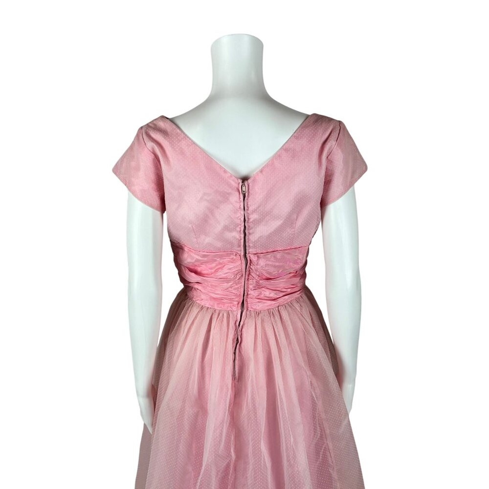 Vintage 50s Prom Dress Women's XS Pink Dotted Swiss Full Skirt Formal Fit Flare - Picture 12 of 15